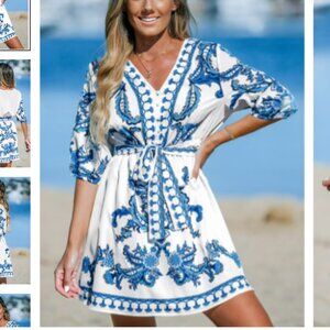 Cupshe Blue & White Paisley Boho Puff Sleeve Mini Dress